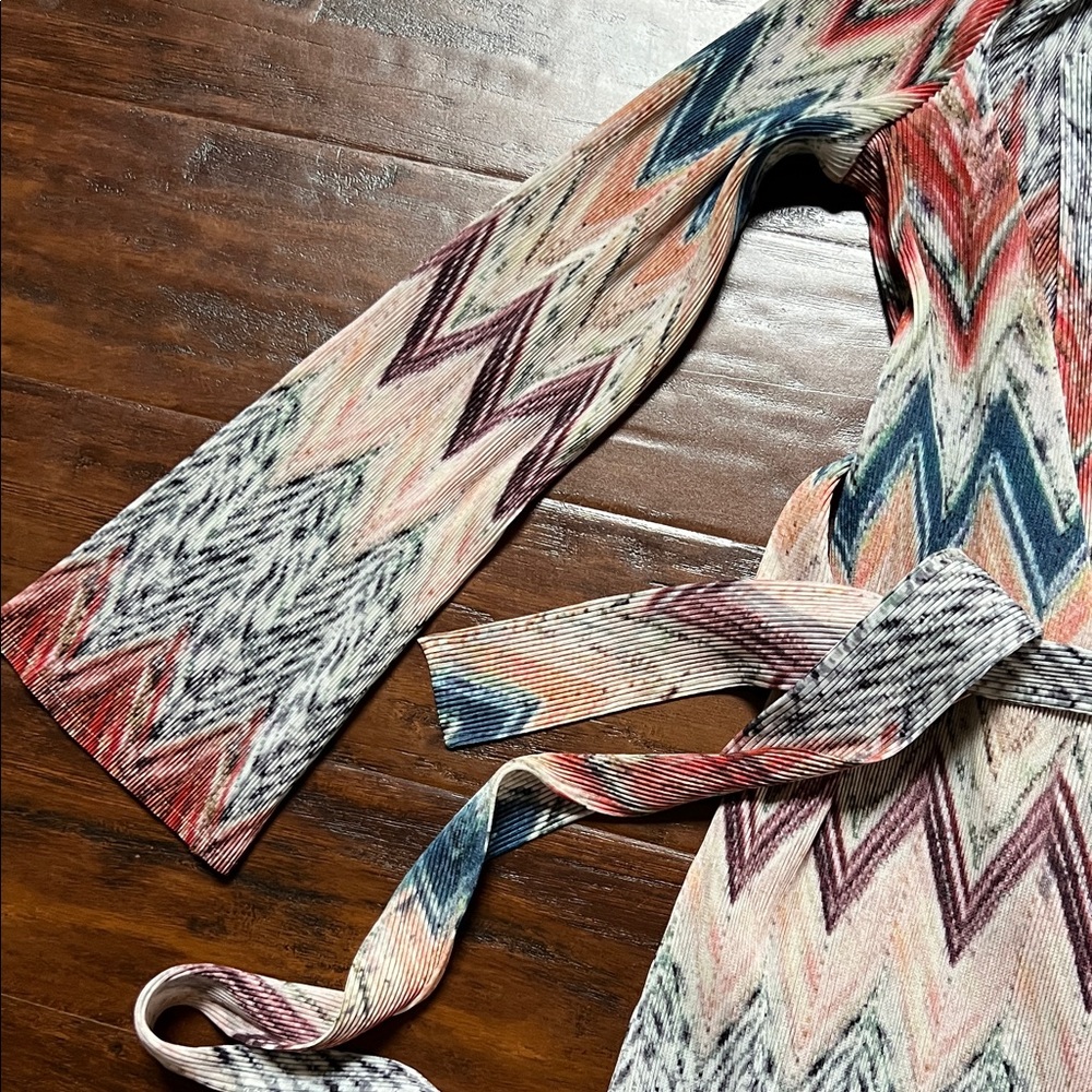 Multi-Color Boho Chevron Pleated Trench Duster Jacket with Belt - One Size - Picture 5 of 15